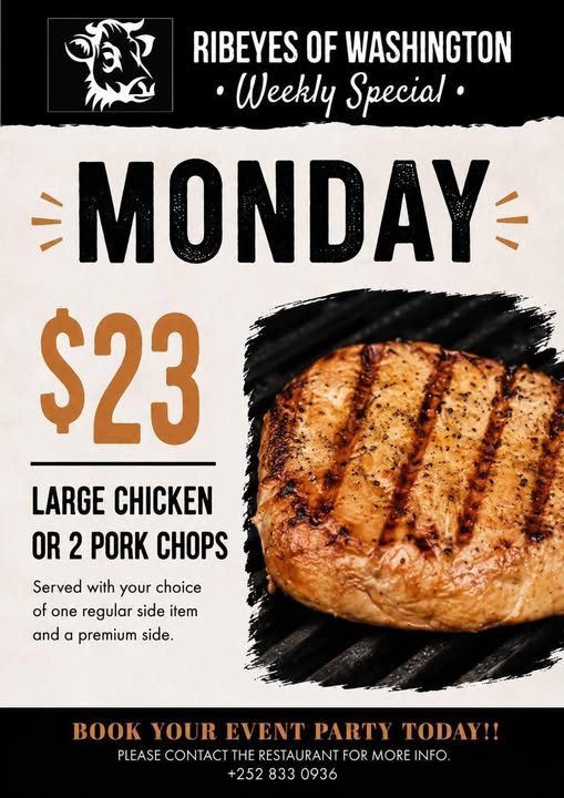Monday Large Chicken or 2 Pork Chops Special